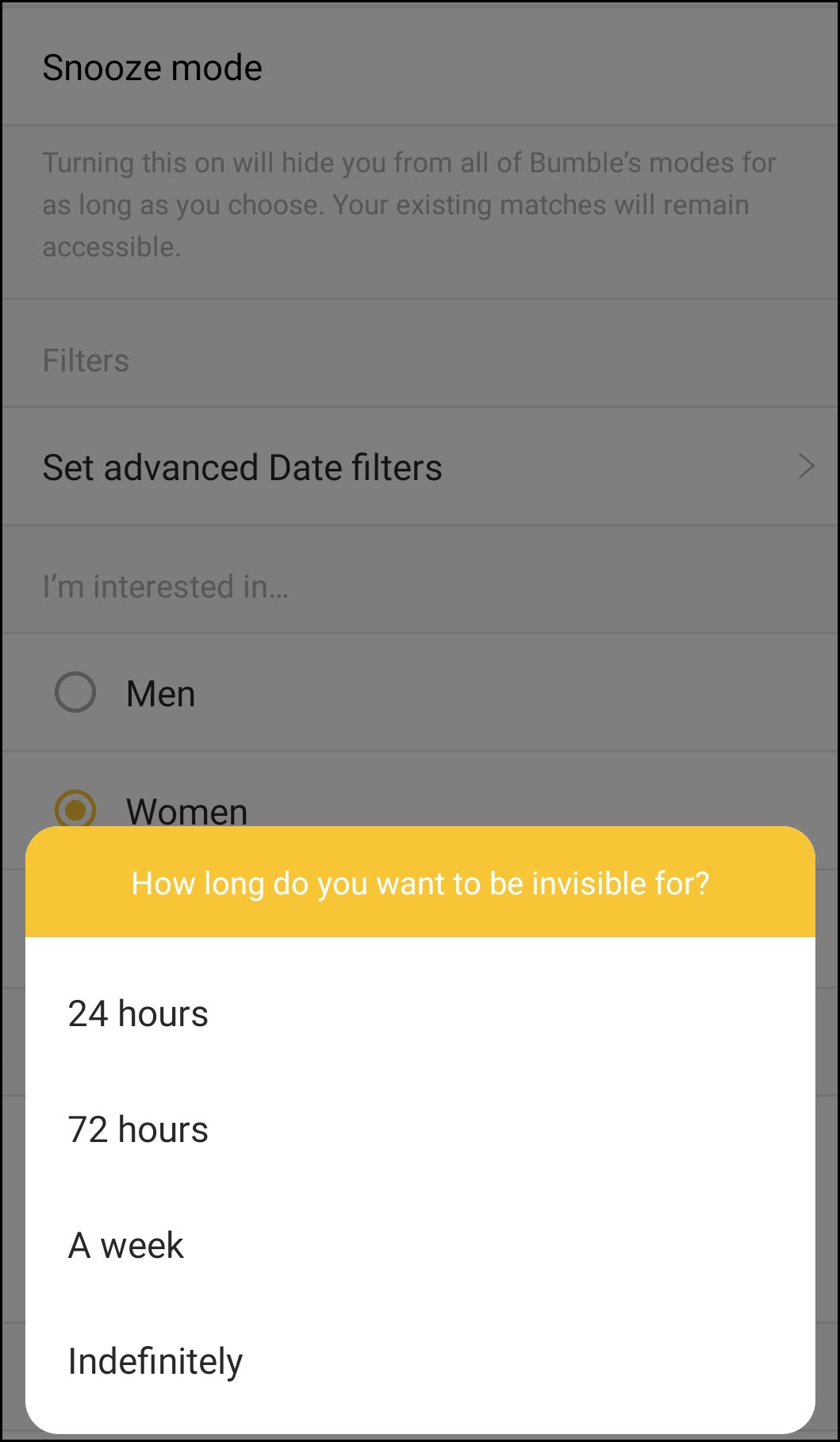 Snooze mode on Bumble allows you to take a break