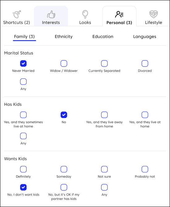 Use your dating apps filtering tools to find what you're looking for