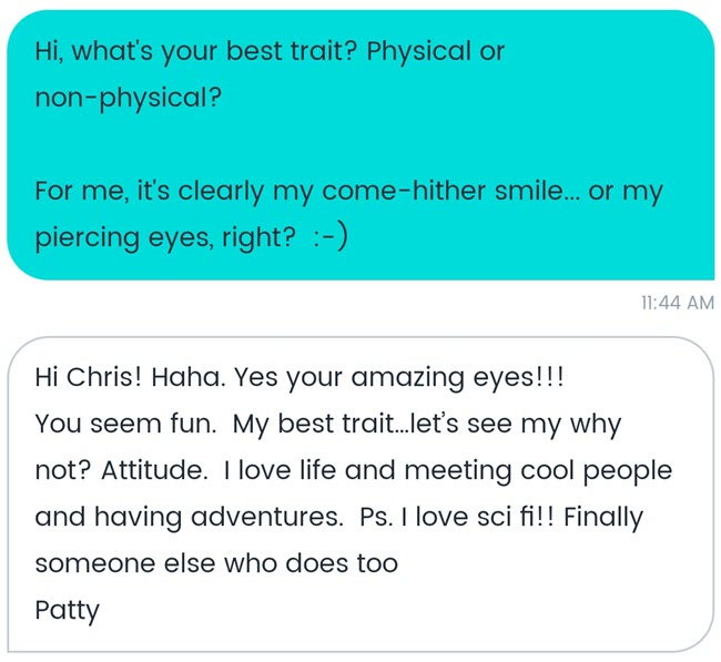 A funny conversation starter on POF is asking a woman's best trait.